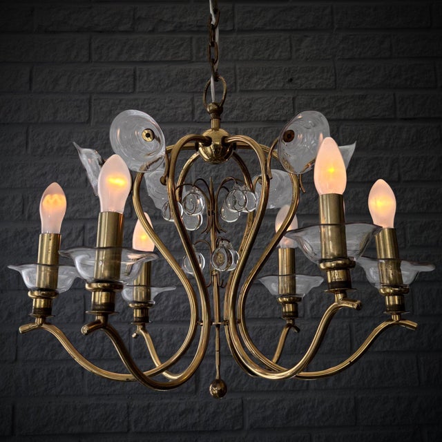 Mid-Century Modern Swedish Modern Scandinavian Chandelier in Brass & Glass with Prisms, 1940s For Sale - Image 3 of 13