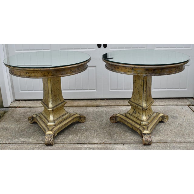 Vtg. Pair Italian Regency Style Carved Wood Pedestal End Tables W/Mirrored Tops For Sale - Image 12 of 15