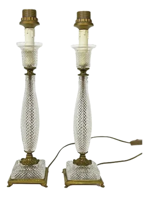 French Diamond Shaped Crystal Cut Table Lamps, 1970s, Set of 2