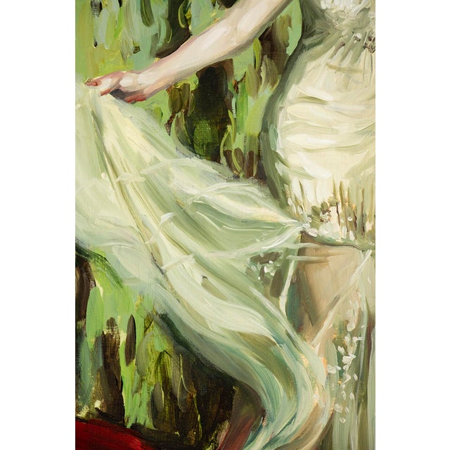 In "Garden Wind," a figure in an elegant gown stands amidst a lush, verdant backdrop, embodying a moment of grace and...