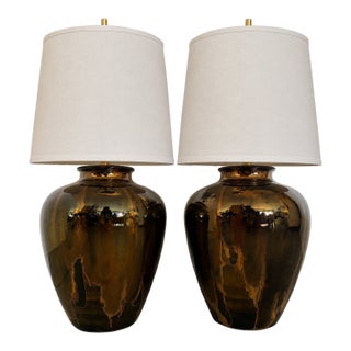 Large High Gloss Mottled Tortoise Shell/Drip Glaze Table Lamps From 80's/ a Pair For Sale
