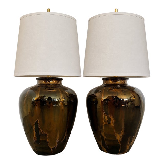 Large High Gloss Mottled Tortoise Shell/Drip Glaze Table Lamps From 80's/ a Pair For Sale
