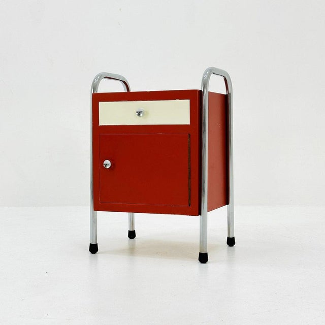 Bauhaus night cabinet with drawer in red& white 1970s This Beautiful Bauhaus nightstand with drawer is in very nice...