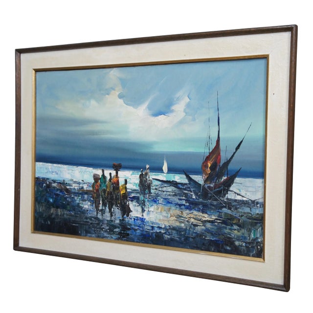 Vintage impressionist nautical / maritime / seascape oil painting on canvas showing African figures in bright clothing,...