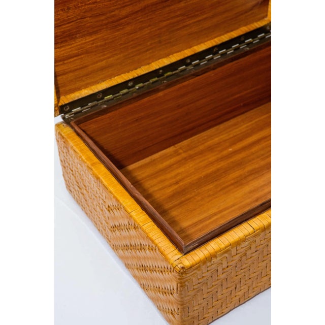 Vintage Woven Leather and Wood Hinged Monumental Box Rattan Style Pagoda Style For Sale - Image 12 of 15