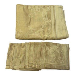 Damask Linen French Courting Tablecloth & Napkins - Set of 12 For Sale
