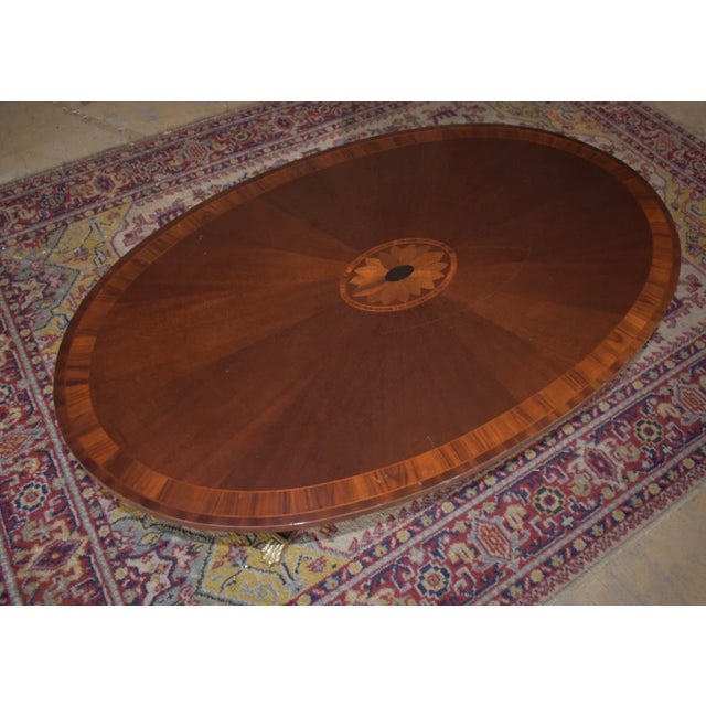 Traditional Vintage Oval Inlaid Mahogany Coffee Table With Glass Top, Brass Claw Feet, 1950s For Sale - Image 3 of 7