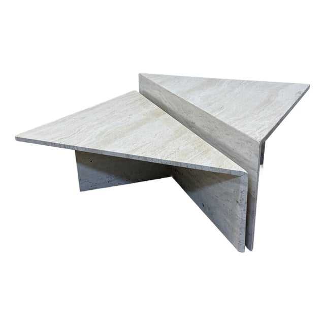 Polished Italian Travertine Triangle Coffee Tables, 1970s - A Pair For Sale