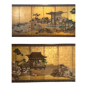 Pair of Folding Six-Panel Japanese Screens Depicting ‘The Four Accomplishments’ Early 18th C Edo Period