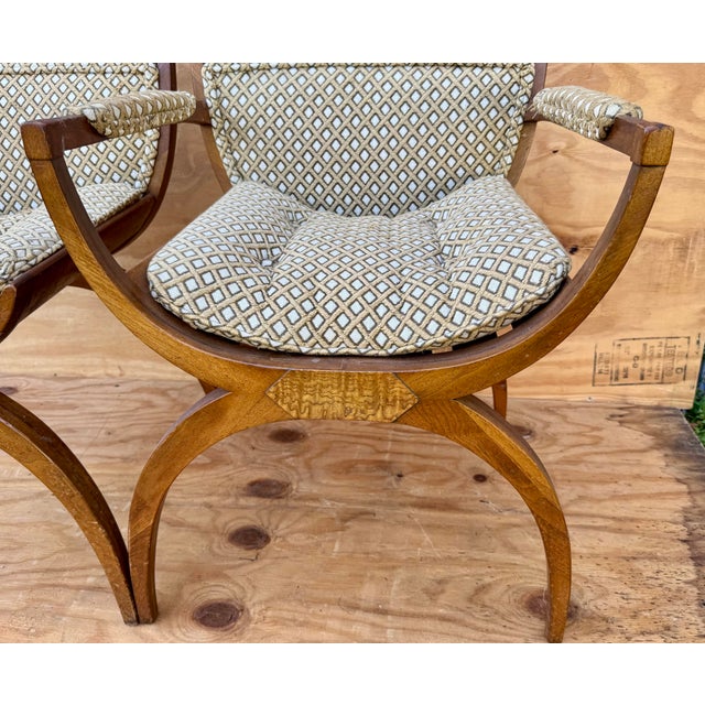 Mid 20th Century Saber Leg X Leg Mid Century Modern Burl Wood Designer Arm Desk and Occasional Side Chair For Sale - Image 4 of 10