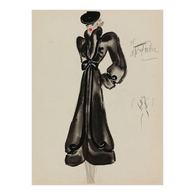 Vintage French Fashion Art Print – Black Bow Coat Illustration, 36" X 48" For Sale