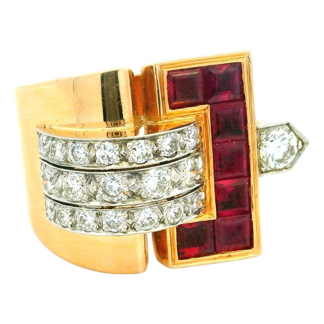 Retro 18k Gold Ruby and Diamond Tank Ring, Circa 1940s, Size 8 For Sale