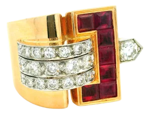 Retro 18k Gold Ruby and Diamond Tank Ring, Circa 1940s, Size 8