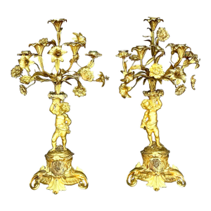 Vintage Regency Gilt Floral Cherub Candelabras - A Pair