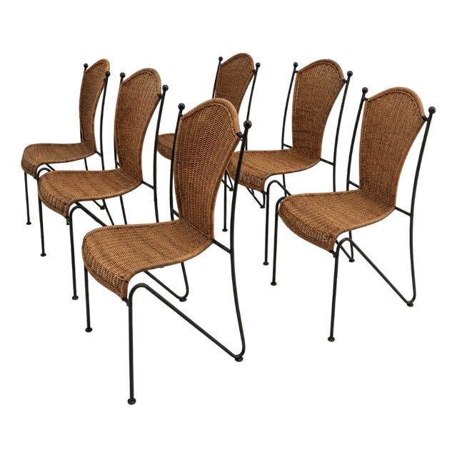 Mid-Century Wicker and Iron Dining Chairs attributed to Frederic Weinberg, 1950s, Set of 6 For Sale