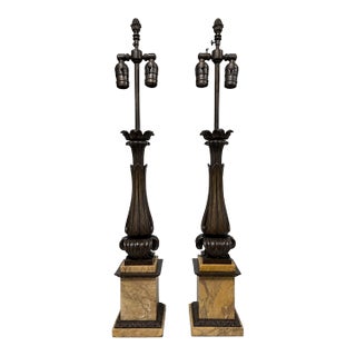 Mid 19th Century Grand Tour–Style Neoclassical Bronze and Siena Marble Lamps - a Pair For Sale