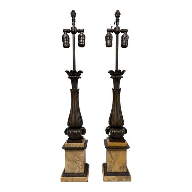 Mid 19th Century Grand Tour–Style Neoclassical Bronze and Siena Marble Lamps - a Pair For Sale
