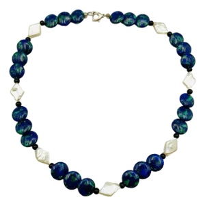 Azurite Malachite Onyx Pearl 925 Sterling Silver Necklace 16.5”
