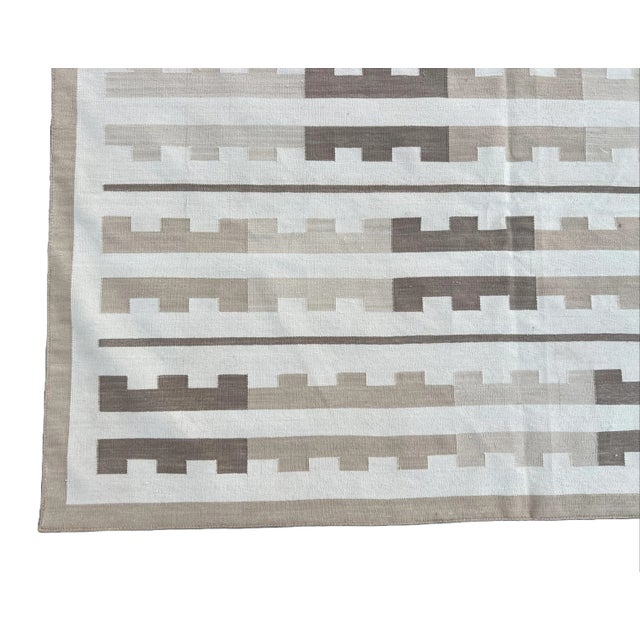 Handmade Cotton Area Rug, Vegetable Dyed Beige and White Marianne Striped Dhurrie-10'x14' For Sale - Image 10 of 10