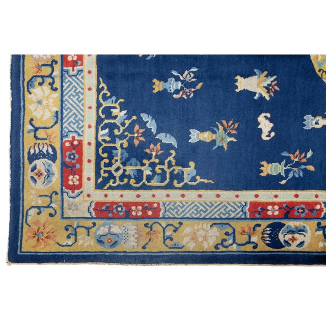 Blue 1920s Antique Peking Designed Chinese Wool Rug Handmade in Blue For Sale - Image 8 of 9
