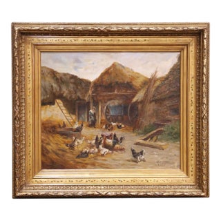 19th Century French Farmyard Oil Painting With Chickens Signed E. Coppenolle For Sale