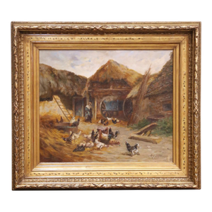 19th Century French Farmyard Oil Painting With Chickens Signed E. Coppenolle