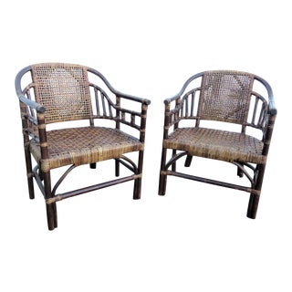 Mid 20th Century Rustic Style Rattan Club Chairs - a Pair For Sale