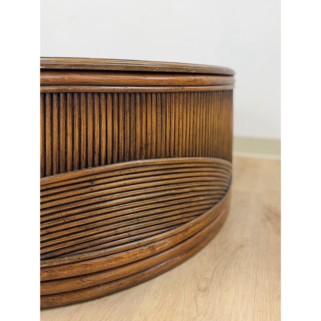 Mid 20th Century Pencil Reed Rattan Burlwood Inlay Round Coffee Table Gabriella Crespi Style Rare For Sale - Image 9 of 12