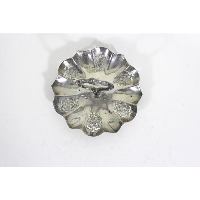 1960s Vintage Small Silver Bonbon Dish With Handle Ruffled Edge Tray, Round Silver Plated Dish With Pierced Cutout Details Patina Trinket For Sale - Image 5 of 9