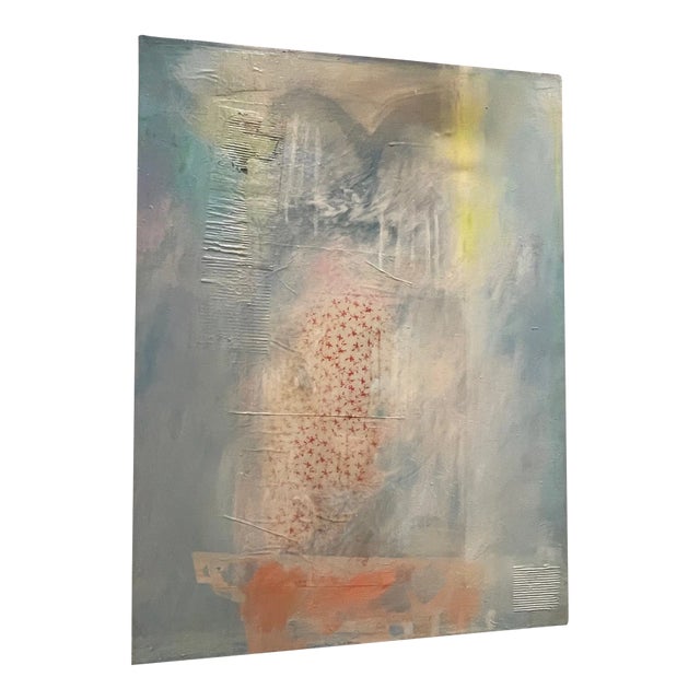 Abstract Light Blue Painting With Mixed Media Red Flower Wallpaper For Sale