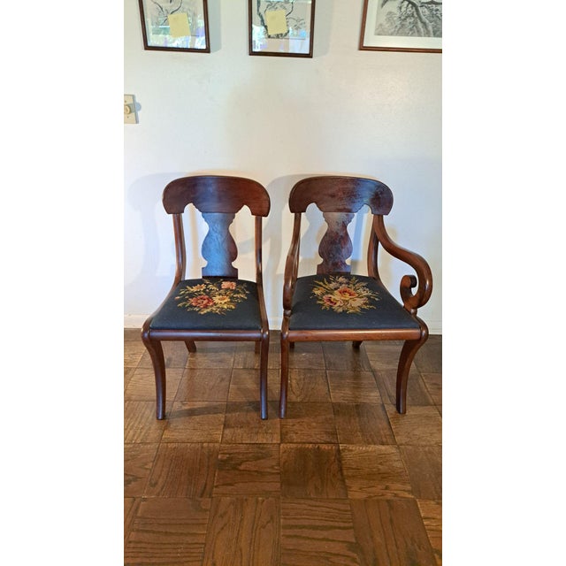 Brown Set of 6 Hickory Chair–Style American Empire Dining Chairs With Unique Floral Needlepoint For Sale - Image 8 of 12