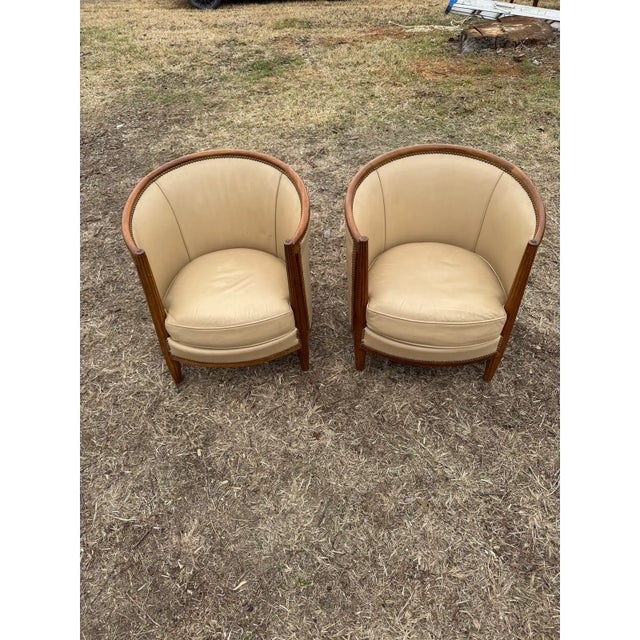 1940s French Art Deco Leather Solid Mahogany Barrel Back Club Chairs - A Pair For Sale - Image 6 of 12