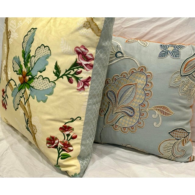 Pair of Custom Designer Throw Pillows – Colefax & Fowler Crewel & Brunschwig & Fils Moiré Silk For Sale - Image 6 of 12