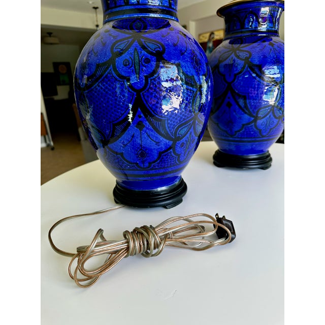 Vintage Moorish Safi Hand-Painted Cobalt Ceramic Table Lamps - Pair For Sale - Image 10 of 17