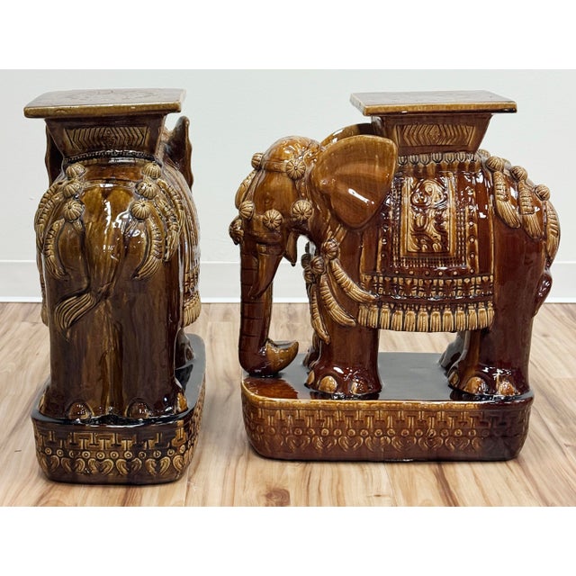 Mid 20th Century Vintage Brown Ceramic Elephant Garden Stools, a Pair For Sale - Image 5 of 7