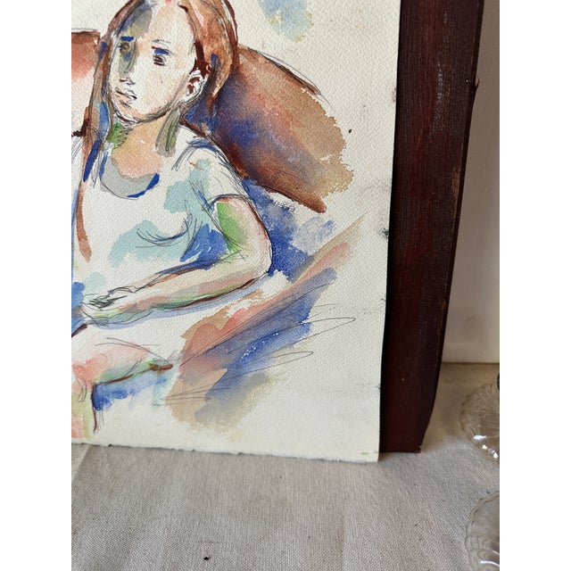 1970s Watercolor Expressionism Painting of Sitting Girl For Sale - Image 5 of 8