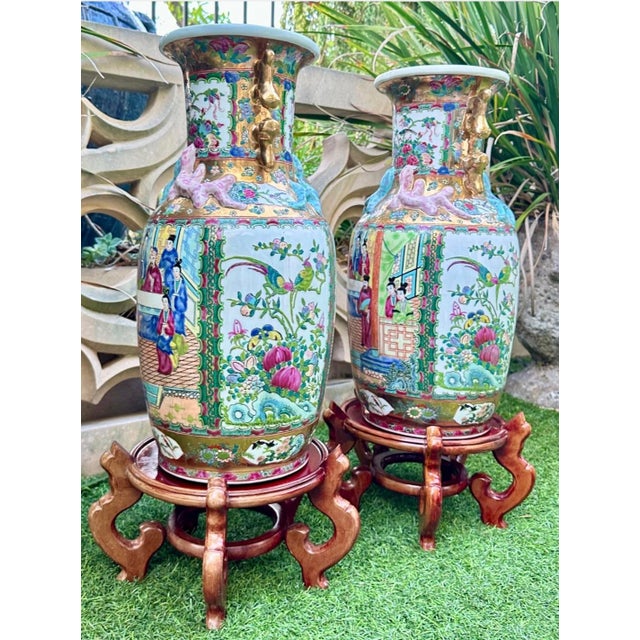 Pair of Large Antique Famille Rose Medallion Chinese Vases With Rosewood Stands For Sale - Image 4 of 18