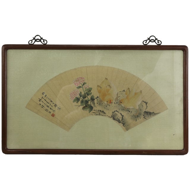 Vintage Chinese Fan Painting Chicks Catching Bugs With Pink Flowers Framed Ink and Color on Paper With Calligraphy For Sale - Image 11 of 11