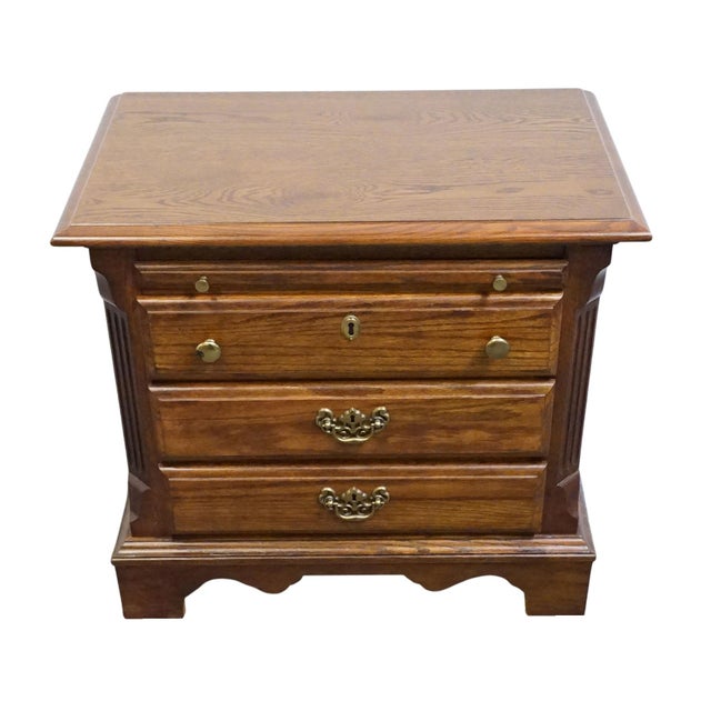 American Stanley Furniture Solid Oak Rustic Early American 27" Three Drawer Nightstand 3413-80 For Sale - Image 3 of 15