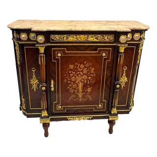 French Louis XVI Marble Top Sideboard Cabinet With Floral Marquetry, Bronze Ormolu & Hand-Finished Gold Leaf Details For Sale