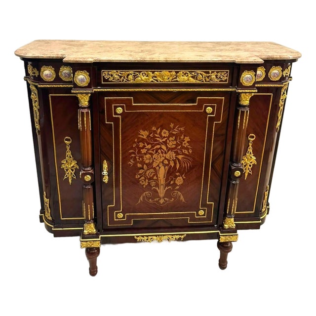 French Louis XVI Marble Top Sideboard Cabinet With Floral Marquetry, Bronze Ormolu & Hand-Finished Gold Leaf Details For Sale