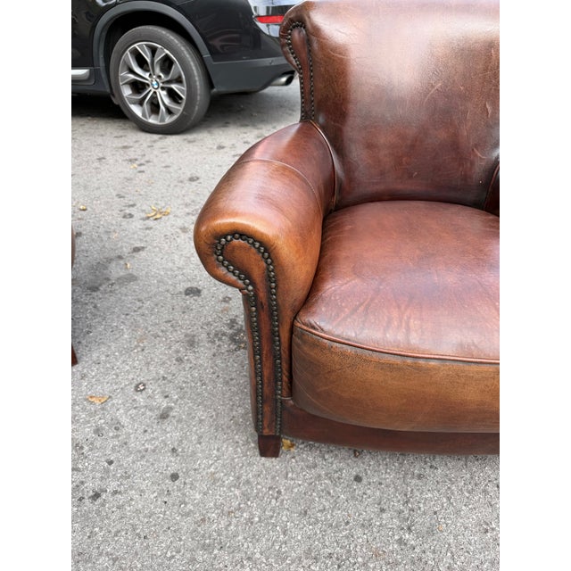 English Pair of French Leather Club Chairs For Sale - Image 3 of 14