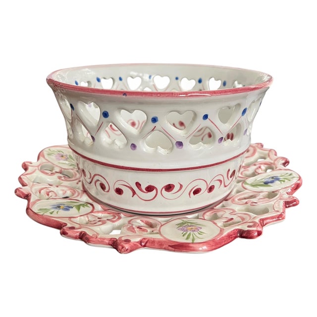 Vintage Hand-Painted Portuguese Cachepot and Reticulated Underplate in the Style of Herend For Sale