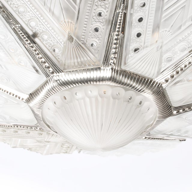 Off-white Art Deco Frosted Glass Cubist Geometric Detail & Fluted Chandelier Signed Leleu For Sale - Image 8 of 18