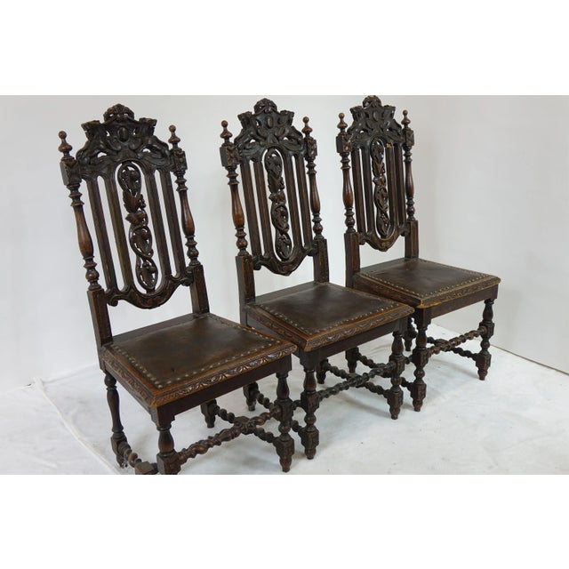 3 Amazing Antique Chairs (19" x 21" x 45") Decoratively Carved, Tall Wooden Chairs Leather Seat