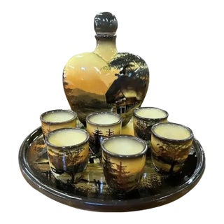 Mid Century Hand Painted German Decanter, Plate and Cups Signed For Sale