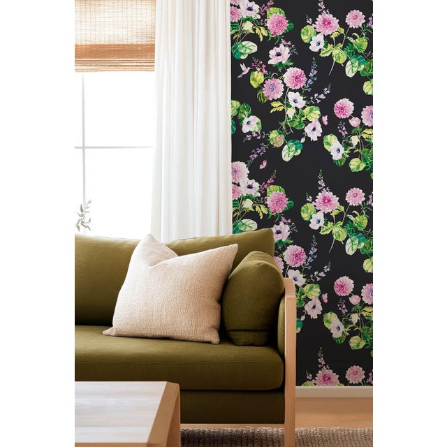 Not Yet Made - Made To Order Chirp Society Floral Grasscloth Wallpaper by House Party | Midnight Black | 6 Yards For Sale - Image 5 of 8
