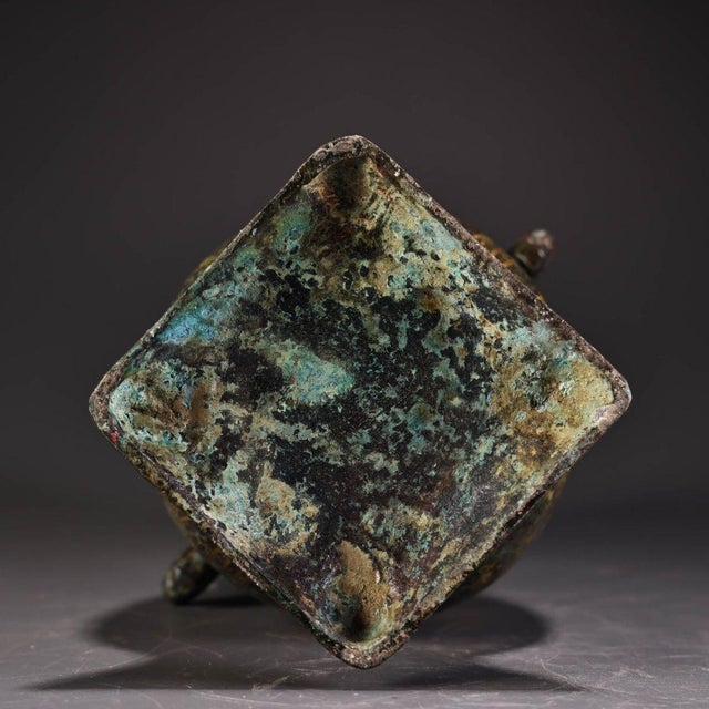 Bronze Bronze Vase With Gold Inlay, Twin Dragon Head Handles & Archaic Script, Chinoiserie Tabletop Bronze Vessel For Sale - Image 8 of 10