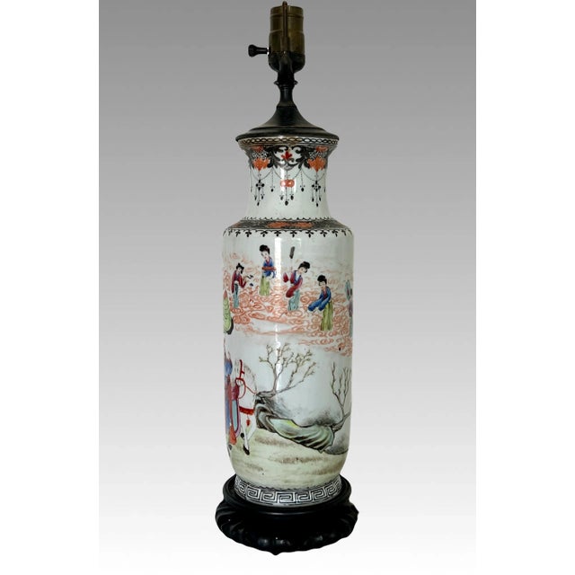The Heavenly Musicians, Antique Chinese Republic Period Famille Rose Porcelain Table Lamp For Sale - Image 4 of 13