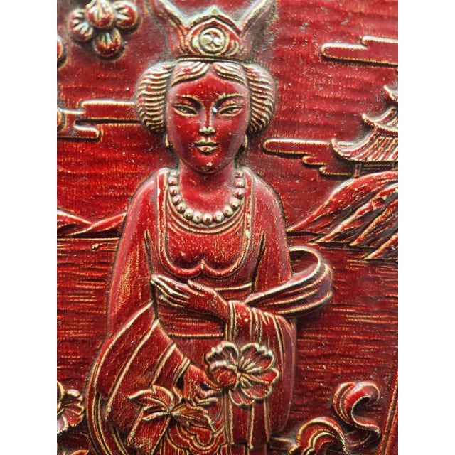 Folk Art Antique Asian 3d Cinnabar-Esque Woman Wall Art For Sale - Image 3 of 4
